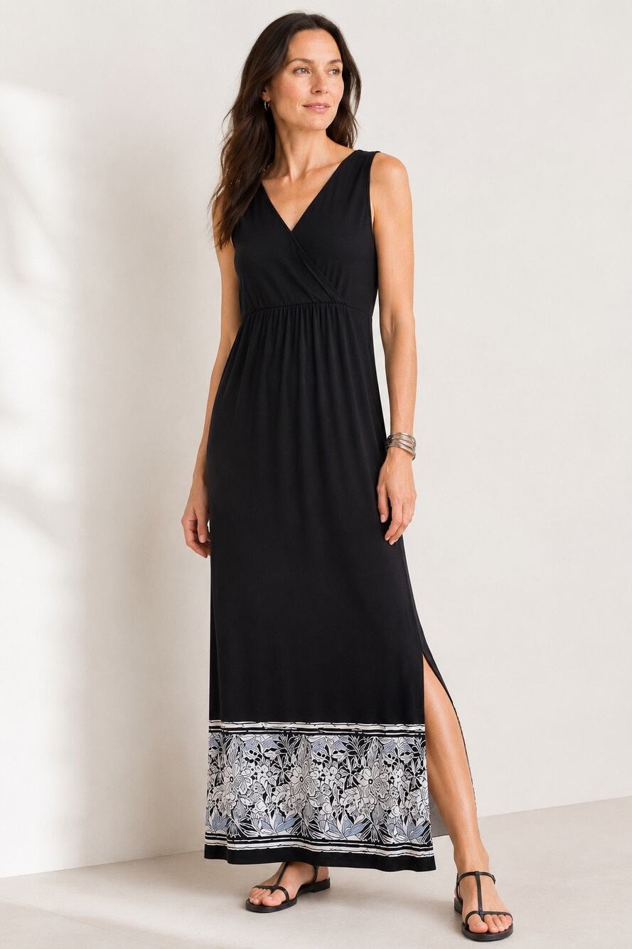 J Jill Wearever Havana Maxi Dress L Tall Black Sleeveless Travel Knit Floral